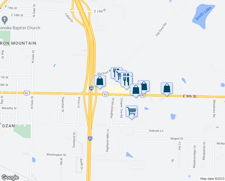 map of restaurants, bars, coffee shops, grocery stores, and more near 3601 East 9th Street in Texarkana