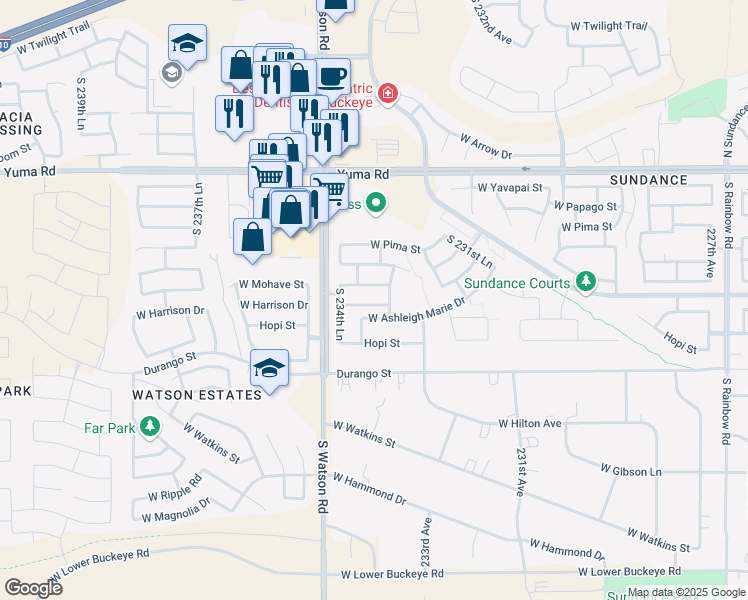 map of restaurants, bars, coffee shops, grocery stores, and more near 23406 West Harrison Drive in Buckeye
