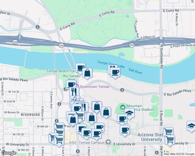 map of restaurants, bars, coffee shops, grocery stores, and more near 140 East Rio Salado Parkway in Tempe