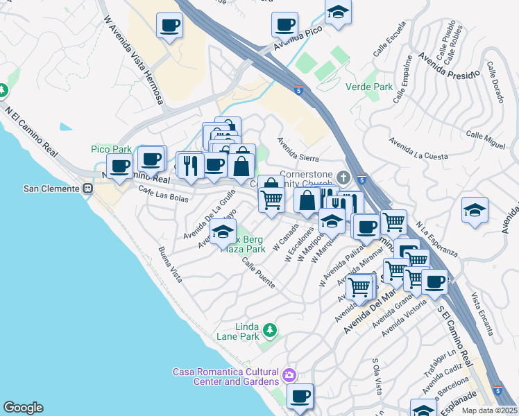 map of restaurants, bars, coffee shops, grocery stores, and more near 105 Avenida Aragon in San Clemente