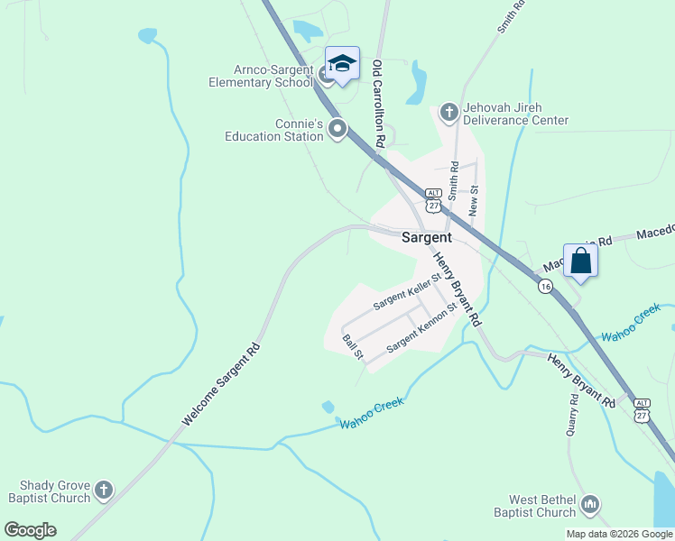 map of restaurants, bars, coffee shops, grocery stores, and more near 1545 Welcome Sargent Road in Newnan