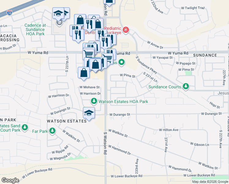 map of restaurants, bars, coffee shops, grocery stores, and more near 23448 West Harrison Drive in Buckeye
