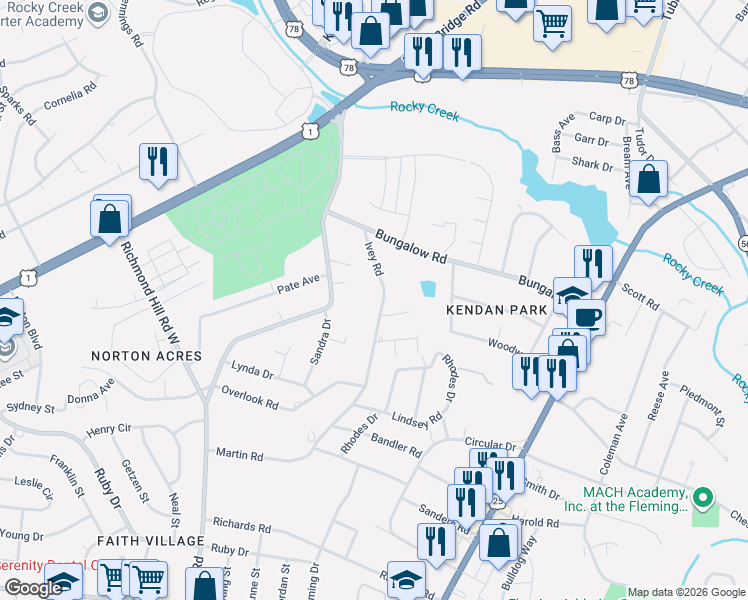 map of restaurants, bars, coffee shops, grocery stores, and more near 2531 Ivey Road in Augusta