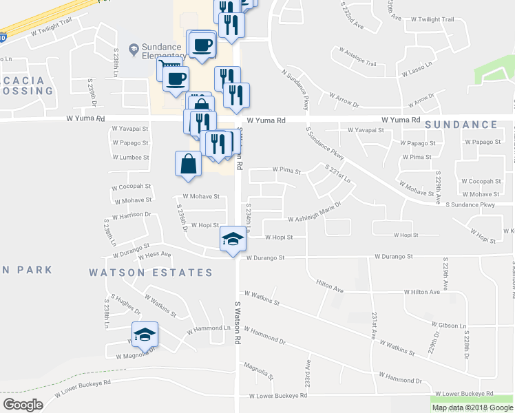map of restaurants, bars, coffee shops, grocery stores, and more near 23448 West Harrison Drive in Buckeye