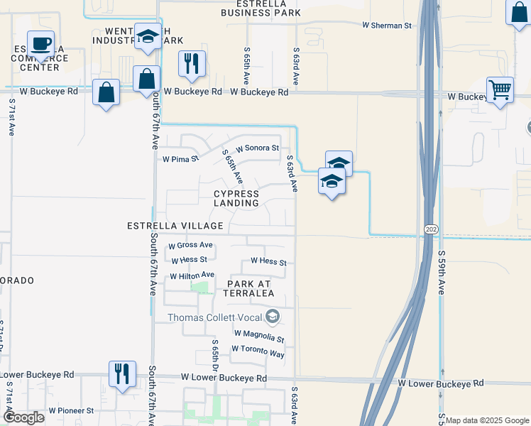 map of restaurants, bars, coffee shops, grocery stores, and more near 1810 South 63rd Lane in Phoenix