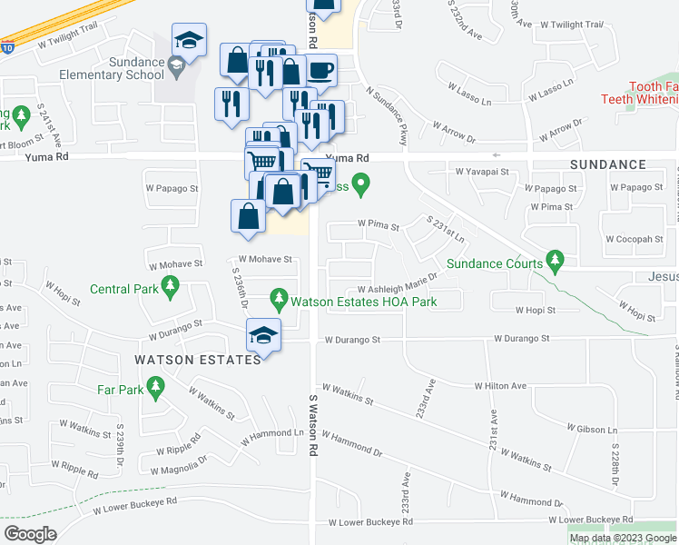 map of restaurants, bars, coffee shops, grocery stores, and more near 23455 West Harrison Drive in Buckeye