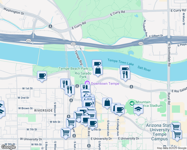 map of restaurants, bars, coffee shops, grocery stores, and more near 60 East Rio Salado Parkway in Tempe
