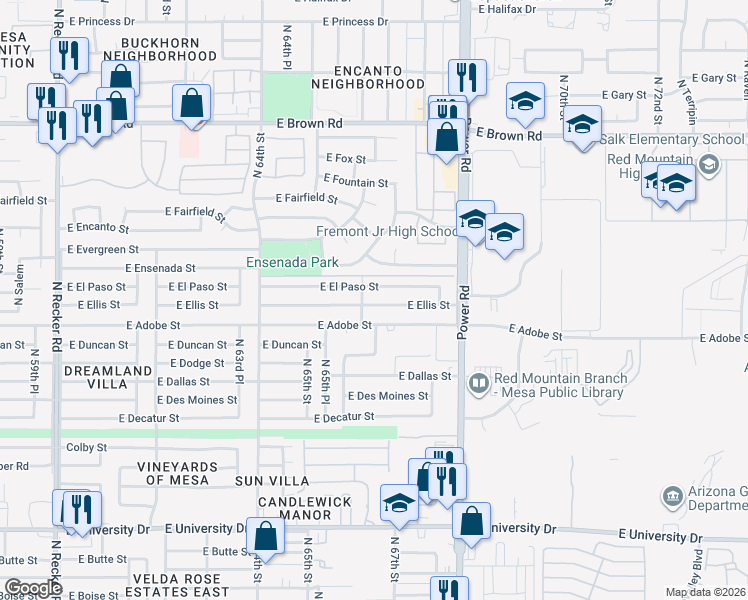 map of restaurants, bars, coffee shops, grocery stores, and more near 6610 East Adobe Street in Mesa
