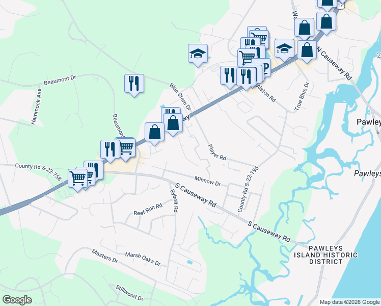 map of restaurants, bars, coffee shops, grocery stores, and more near 217 Egret Run Lane in Pawleys Island