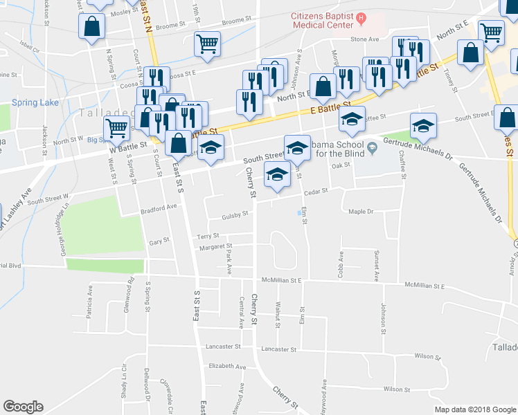 map of restaurants, bars, coffee shops, grocery stores, and more near 500 Cherry Street in Talladega