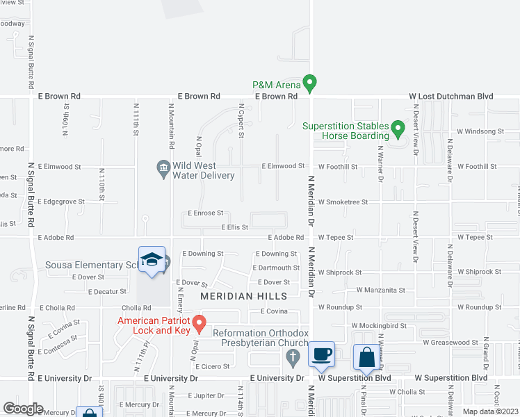 map of restaurants, bars, coffee shops, grocery stores, and more near 11432 East Enrose Street in Mesa