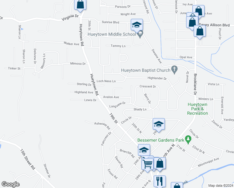 map of restaurants, bars, coffee shops, grocery stores, and more near 127 Avalon Avenue in Bessemer