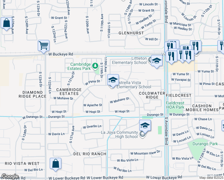 map of restaurants, bars, coffee shops, grocery stores, and more near 11905 Cocopah Circle in Avondale