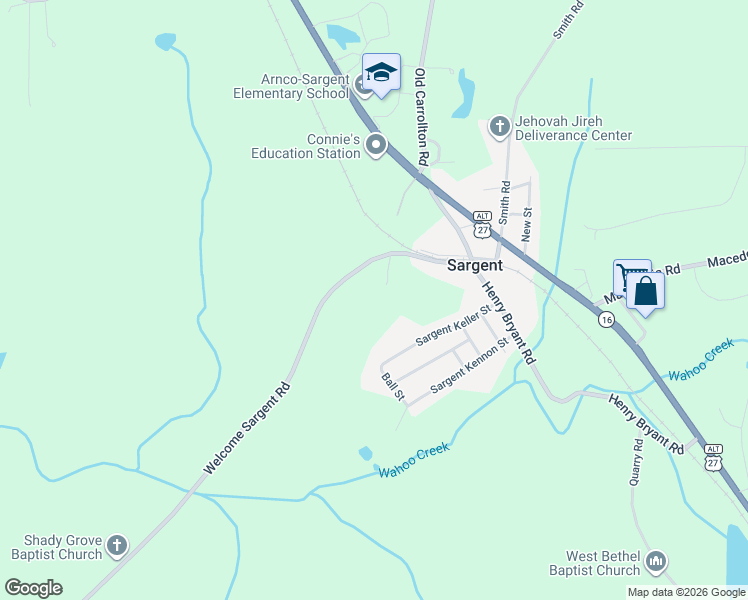 map of restaurants, bars, coffee shops, grocery stores, and more near 1545 Welcome Sargent Road in Newnan