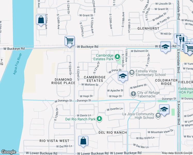 map of restaurants, bars, coffee shops, grocery stores, and more near 1533 South 121st Drive in Avondale
