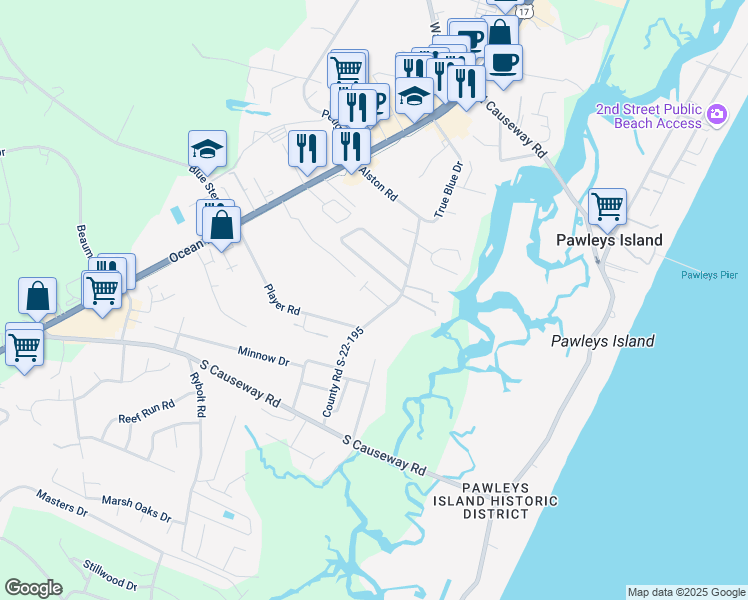 map of restaurants, bars, coffee shops, grocery stores, and more near 267 Blockade Drive in Pawleys Island