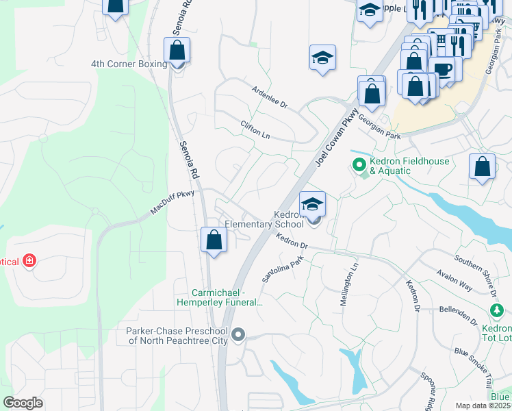 map of restaurants, bars, coffee shops, grocery stores, and more near 304 Harcourt Place in Peachtree City