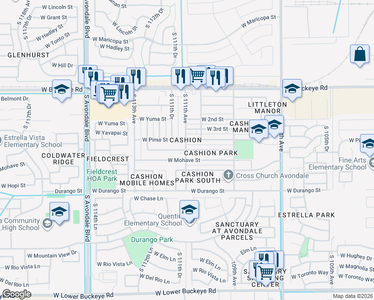map of restaurants, bars, coffee shops, grocery stores, and more near 11040 West Mohave Street in Avondale