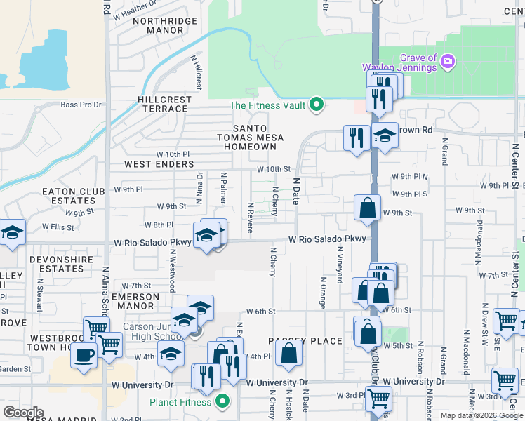 map of restaurants, bars, coffee shops, grocery stores, and more near 837 North Revere in Mesa
