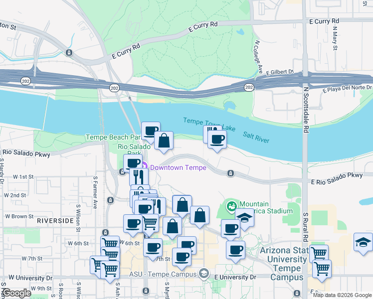 map of restaurants, bars, coffee shops, grocery stores, and more near 268 East Rio Salado Parkway in Tempe