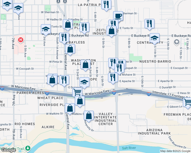 map of restaurants, bars, coffee shops, grocery stores, and more near 1719 South 4th Street in Phoenix