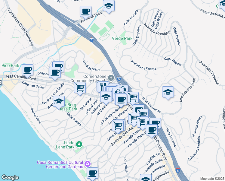 map of restaurants, bars, coffee shops, grocery stores, and more near 535 North El Camino Real in San Clemente