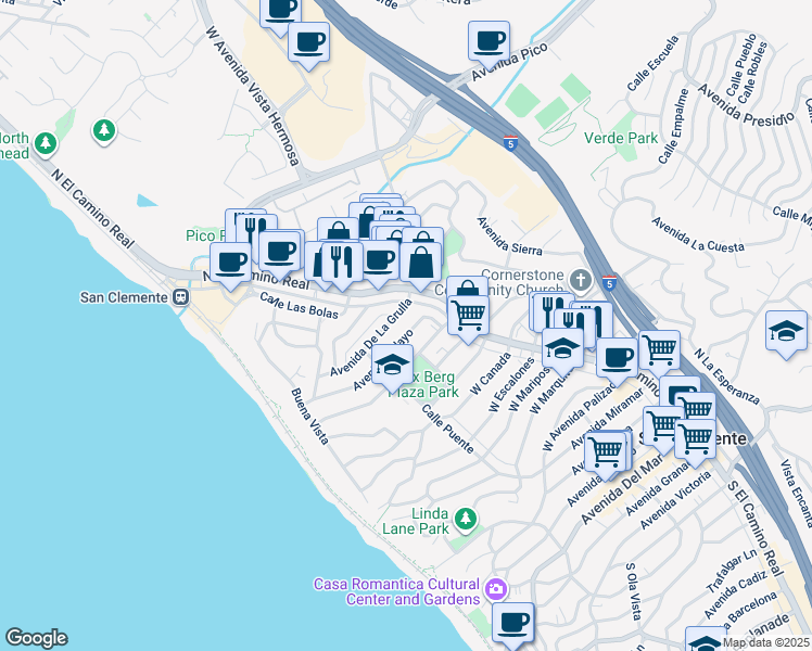 map of restaurants, bars, coffee shops, grocery stores, and more near 133 Avenida Pelayo in San Clemente