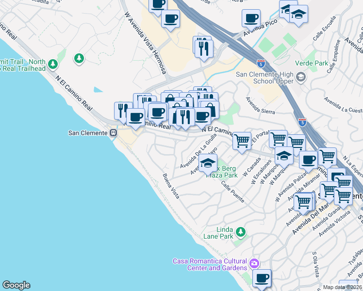 map of restaurants, bars, coffee shops, grocery stores, and more near 126 Avenida Del Reposo in San Clemente