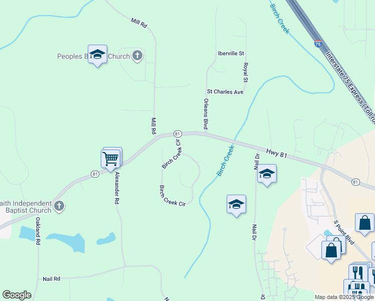 map of restaurants, bars, coffee shops, grocery stores, and more near 345 Birch Creek Circle in McDonough