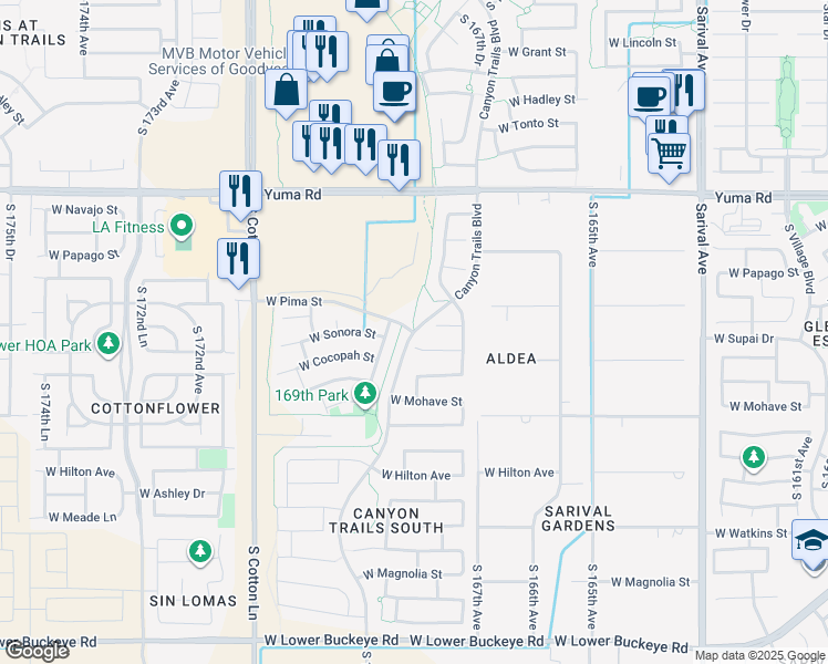 map of restaurants, bars, coffee shops, grocery stores, and more near Canyon Trails Boulevard in Goodyear