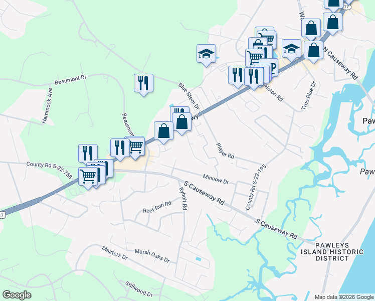 map of restaurants, bars, coffee shops, grocery stores, and more near 152 Egret Run Lane in Pawleys Island