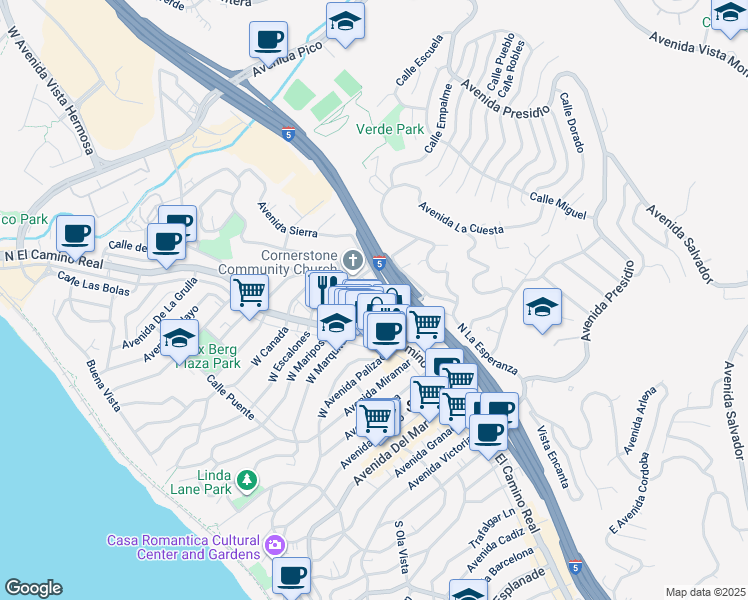 map of restaurants, bars, coffee shops, grocery stores, and more near 535 North El Camino Real in San Clemente