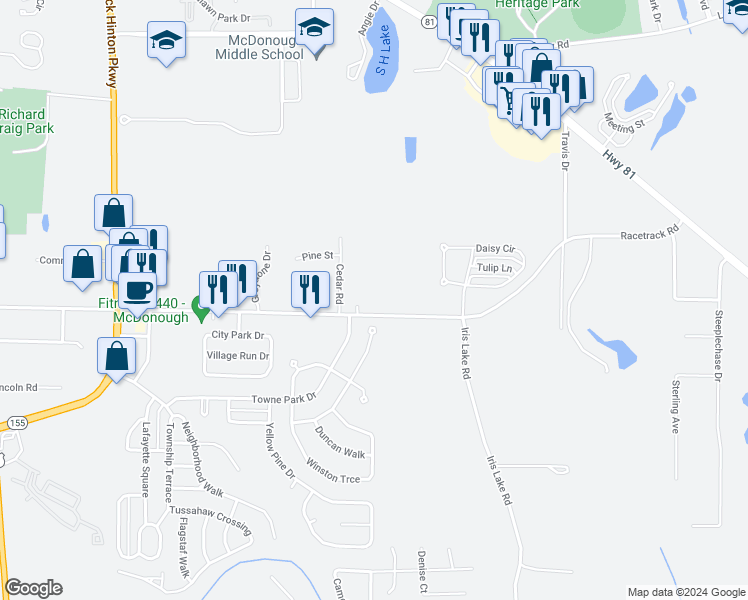 map of restaurants, bars, coffee shops, grocery stores, and more near 551 Racetrack Road in McDonough