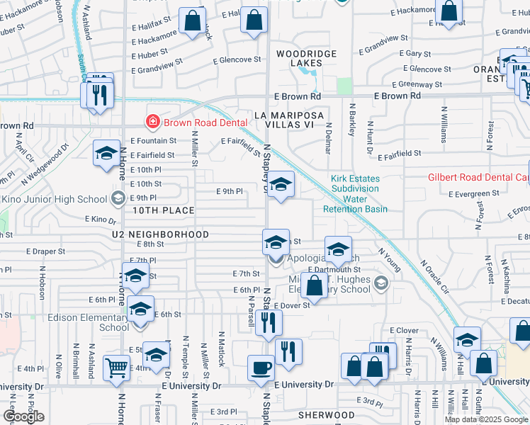 map of restaurants, bars, coffee shops, grocery stores, and more near 852 North Stapley Drive in Mesa