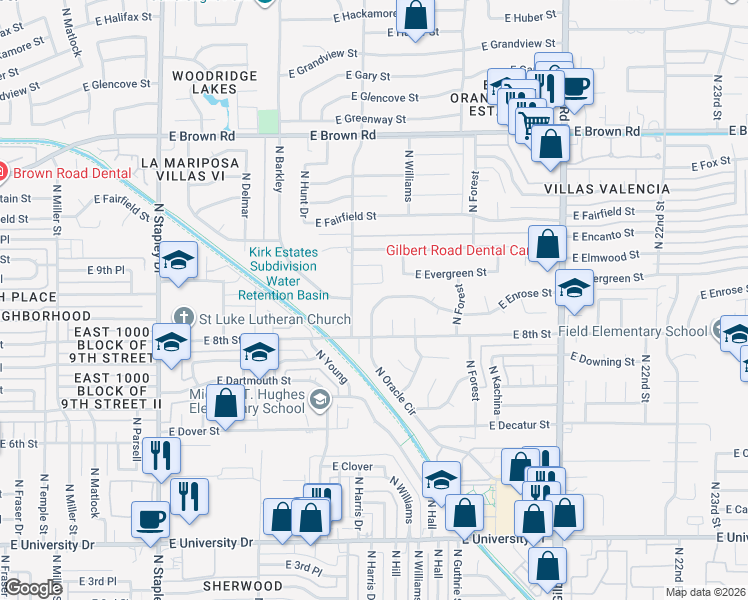 map of restaurants, bars, coffee shops, grocery stores, and more near 826 North Oracle Circle in Mesa