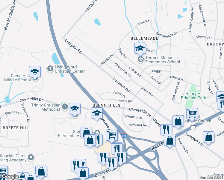 map of restaurants, bars, coffee shops, grocery stores, and more near 2822 Vernon Drive in Augusta