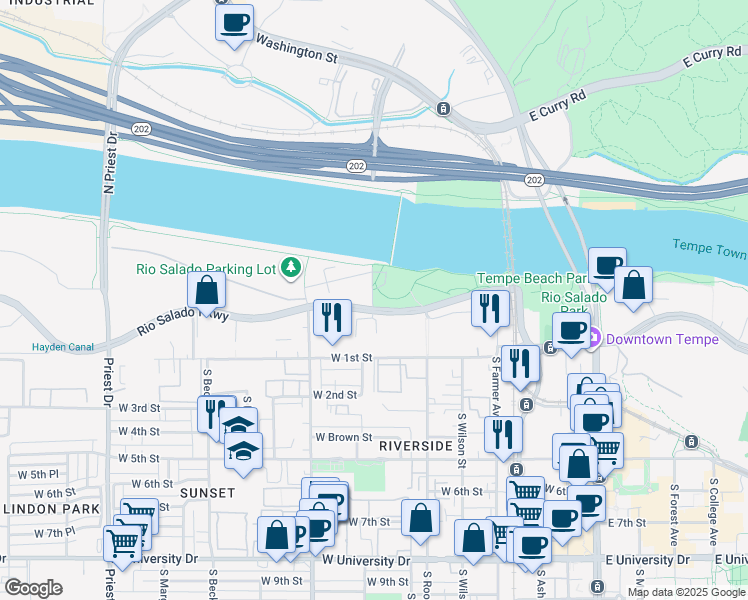 map of restaurants, bars, coffee shops, grocery stores, and more near in Tempe