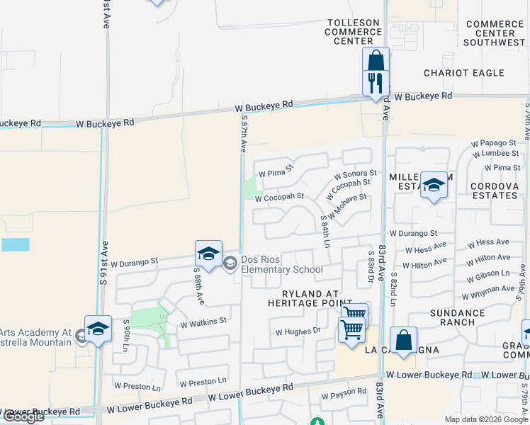 map of restaurants, bars, coffee shops, grocery stores, and more near 8621 West Apache Street in Tolleson