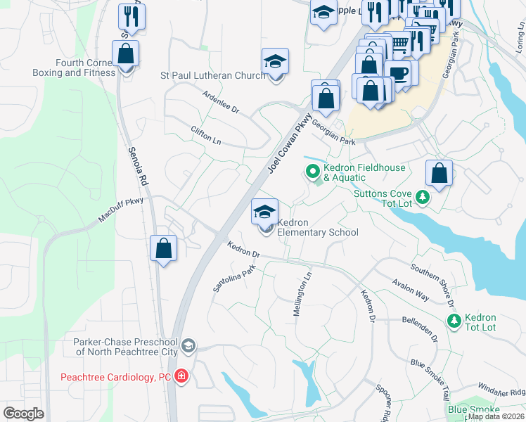 map of restaurants, bars, coffee shops, grocery stores, and more near 200 Kedron Drive in Peachtree City