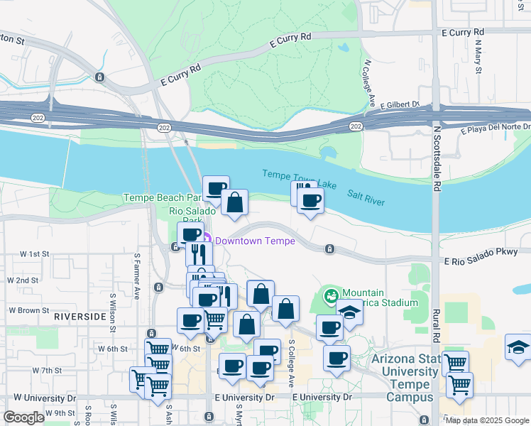 map of restaurants, bars, coffee shops, grocery stores, and more near 140 East Rio Salado Parkway in Tempe