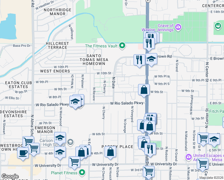 map of restaurants, bars, coffee shops, grocery stores, and more near 835 North Date in Mesa