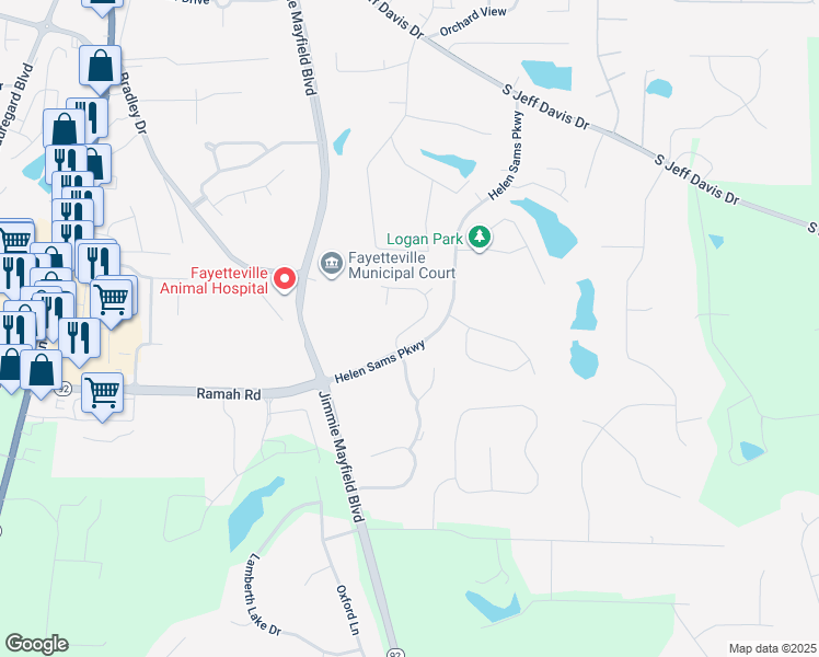 map of restaurants, bars, coffee shops, grocery stores, and more near 135 Susan Lane in Fayetteville