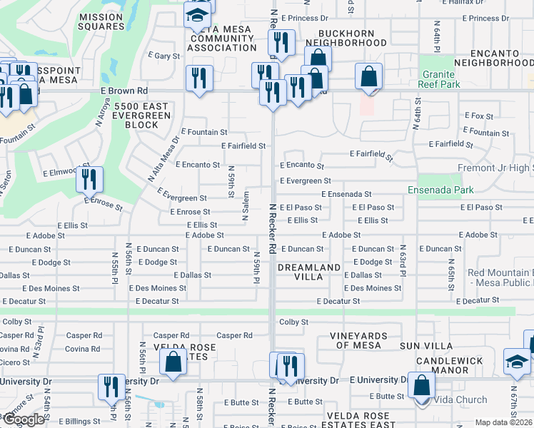 map of restaurants, bars, coffee shops, grocery stores, and more near 5950 East Adobe Street in Mesa