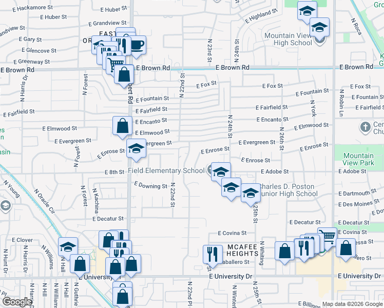 map of restaurants, bars, coffee shops, grocery stores, and more near 819 North Acacia Circle in Mesa