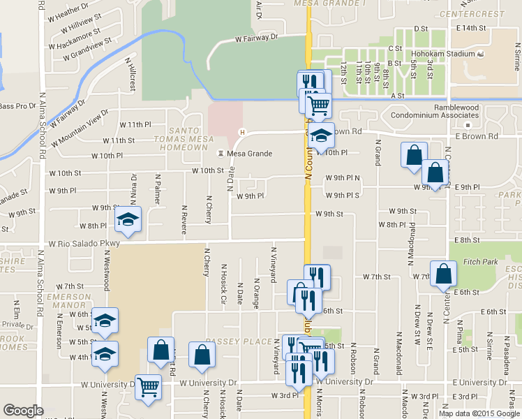 map of restaurants, bars, coffee shops, grocery stores, and more near 523 West 9th Street in Mesa