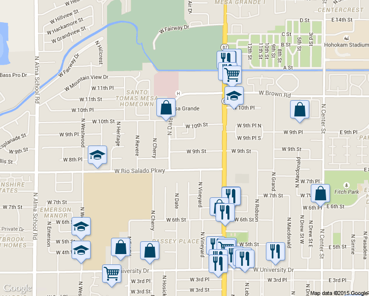 map of restaurants, bars, coffee shops, grocery stores, and more near 523 West 9th Street in Mesa
