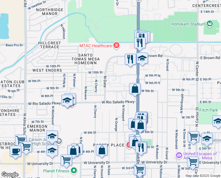 map of restaurants, bars, coffee shops, grocery stores, and more near 835 North Date in Mesa