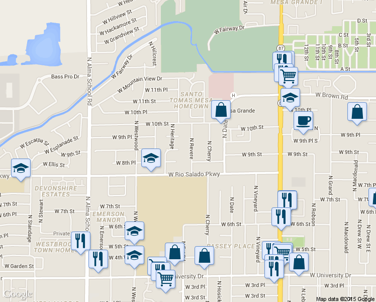 map of restaurants, bars, coffee shops, grocery stores, and more near 837 North Revere in Mesa