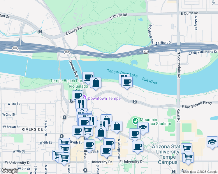 map of restaurants, bars, coffee shops, grocery stores, and more near 268 East Rio Salado Parkway in Tempe