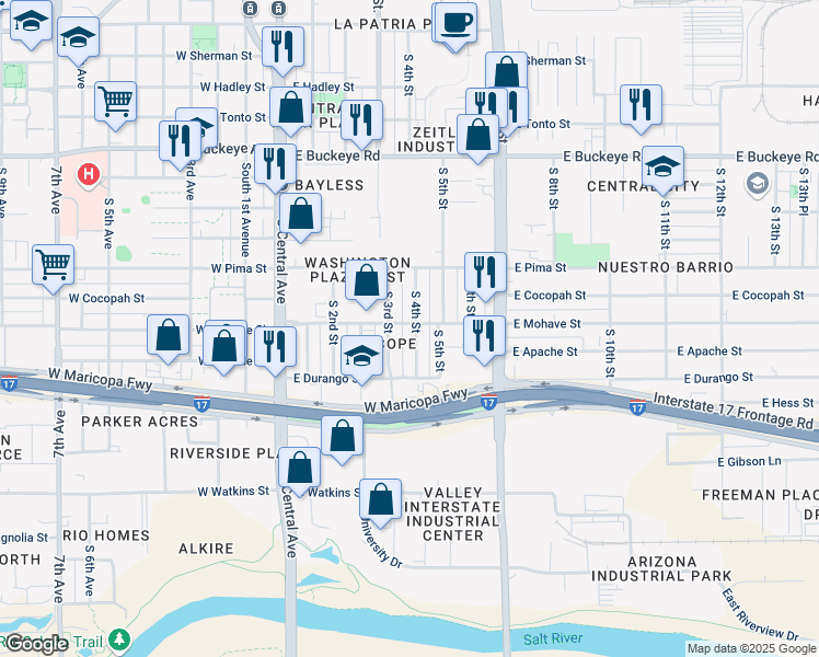 map of restaurants, bars, coffee shops, grocery stores, and more near 1719 South 4th Street in Phoenix
